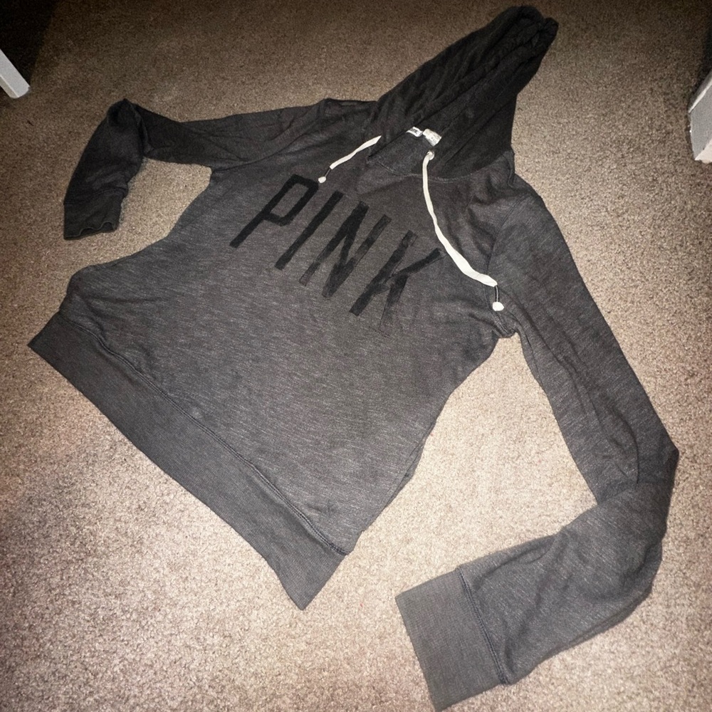 PINK Victoria's Secret Charcoal Hoodie with White Accents